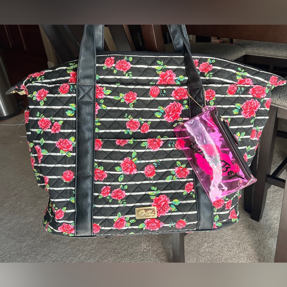 Betsey Johnson Floral stripe rose weekender overnight bag
